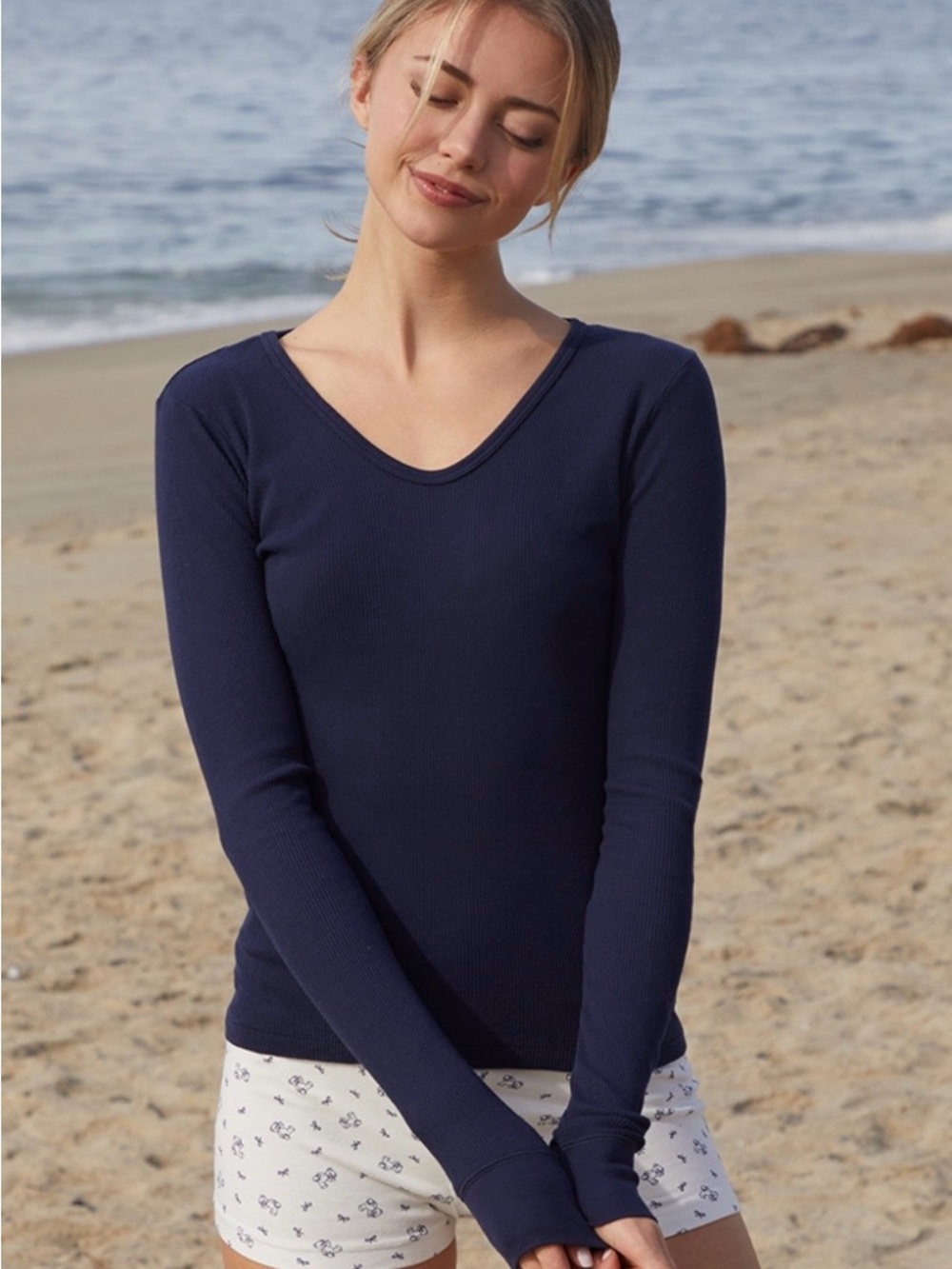 PacSun Navy Ribbed V-Neck Long Sleeve Top